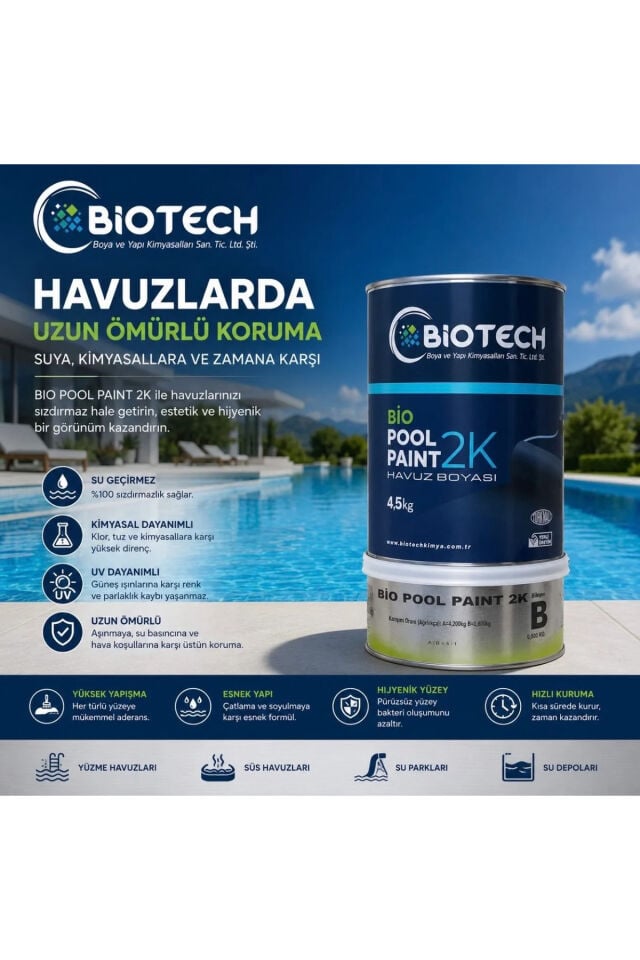 Bio Pool Paint 2K Açık ve Kapalı Havuzlar İçinSu Yalıtım Boyası (4,5 Kg) ve Astarı (5 Kg) Seti